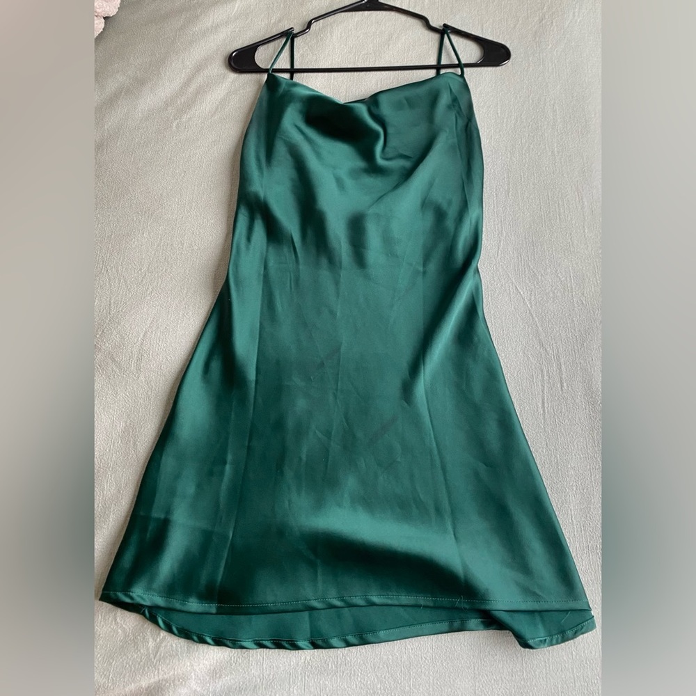 Emerald Green Mini Satin Dress with Cowl Neck from Princess Polly - Picture 1 of 3